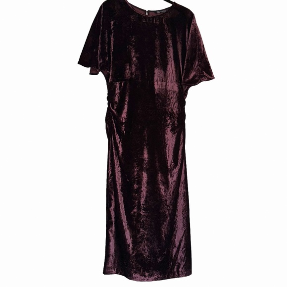 ZARA DRESS Crushed Velvet Burgundy Midi Dress New sz L - Picture 4 of 10